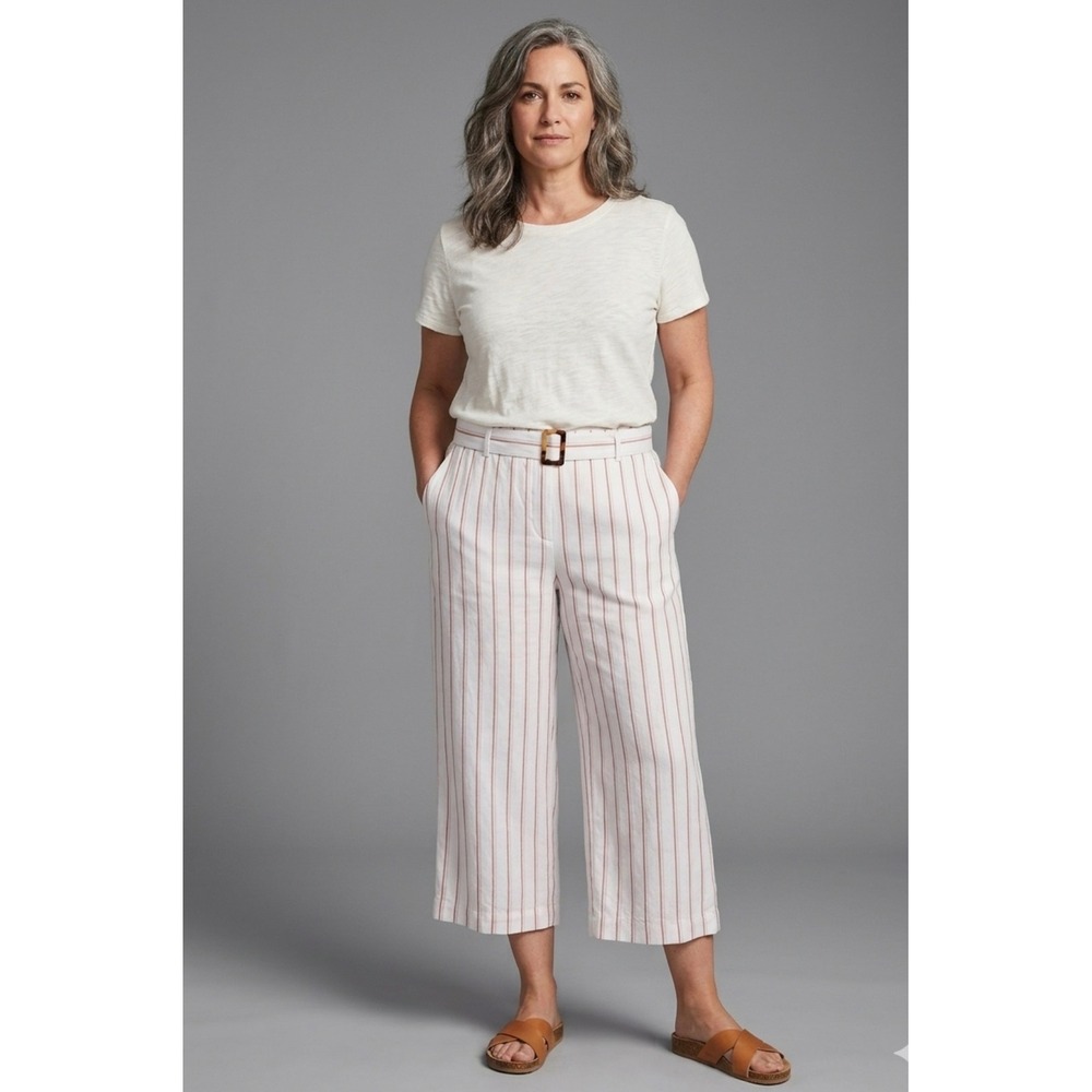 J.Jill Linen Stretch Wide Leg Crop Pants XL Belted Striped Coastal Beach Resort